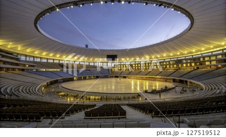 Spectacular indoor arena illuminated during twilight for a major event in a sports complex 127519512