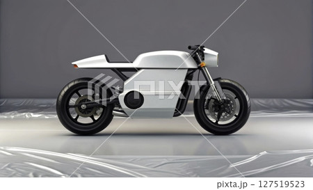 Stylish electric motorcycle on display in a modern studio environment 127519523