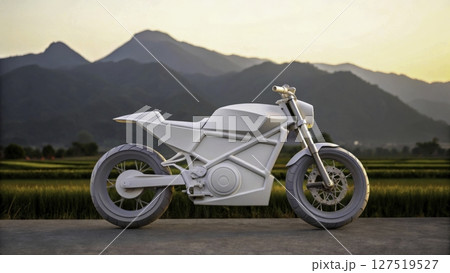 Innovative electric motorcycle design showcased against a breathtaking mountain backdrop at sunset 127519527