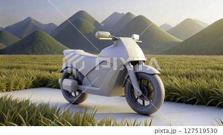 Futuristic motorcycle design displayed on a wide path amidst rolling green hills at sunrise 127519530