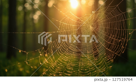 Dewkissed spider webs glistening in golden morning light over lush forest background 127519764