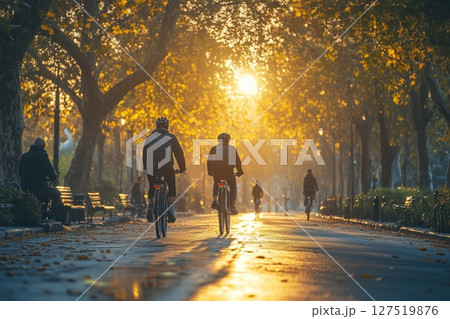 a family cycling together on a bike lane in a pedestrian friendly urban area, with benches, trees, and public art installations along the path, soft afternoon light a family cycling together on a bike lane in a pedestrian friendly urban area, with benches, trees, and public art installations along the path, soft afternoon light 127519876