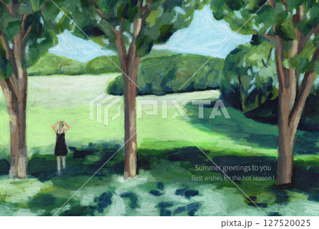オイルパステルで描いた木漏れ日の高原の風景イラストレーションの夏の挨拶状 127520025