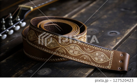 Detailed leather guitar strap with intricate design on wooden table beside guitar 127520423