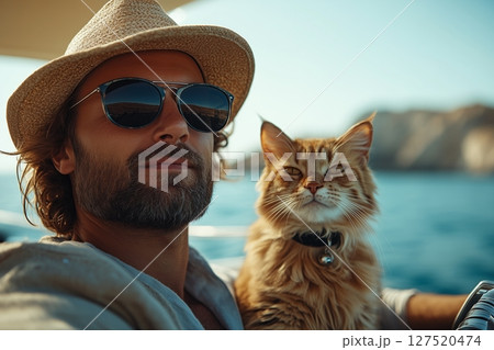 A curious cat sits at the yachts console, gazing at the sea horizon A curious cat sits at the yachts console, gazing at the sea horizon 127520474