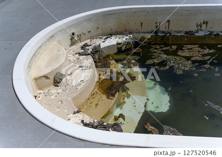 Dirty abandoned swimming pool with stagnant water and debris. 127520546