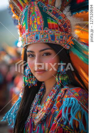 a traditional Inti Raymi parade, participants in vibrant Andean costumes, ornate headdresses, and colorful robes 127520694