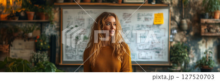 of a woman presenting a plan to volunteers in a small community hall, pointing to a flipchart with goals and initiatives, surrounded by an engaged audience, and space on the right for branding 127520703