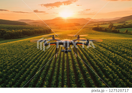 an AI powered drone flying over a field, capturing data on crop health 127520717