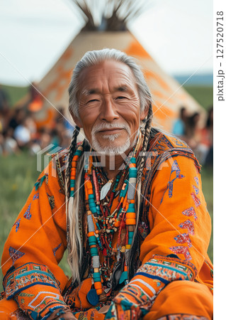 an elder storyteller at Sabantuy, sitting near a decorated yurt, surrounded by children and festivalgoers in traditional attire, green grass and blue sky in the background, soft daylight 127520718