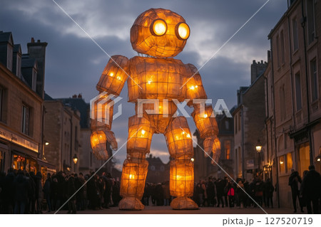 an evening scene at Festival of the Giants, a giant figure illuminated by warm lights 127520719