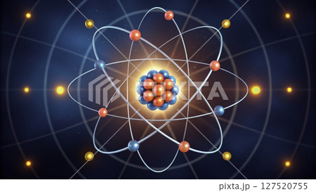 Visual representation of an atom illustrating protons, neutrons, and electrons in a dynamic arrangement 127520755