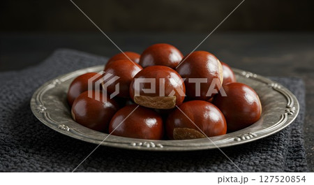 Pile of fresh edible chestnuts in a silver plate with a dark woven napkin. Autumn season harvesting and healthy snack concept. 127520854