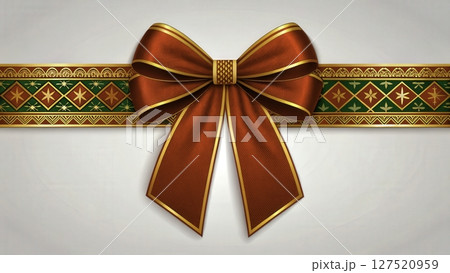 Gift wrapping with ornate red bow and decorative ribbon elements for festive occasions 127520959