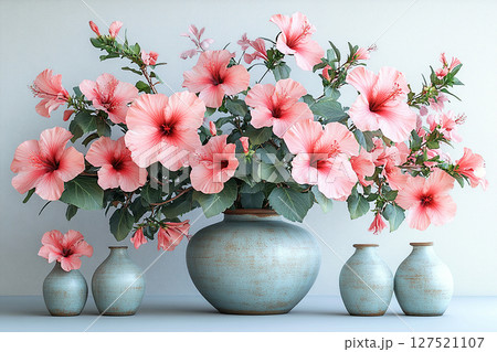 Modern living room decor. Big Hibiscus bush in vintage pot with fleshy leaves and pink flowers on a white background. 127521107