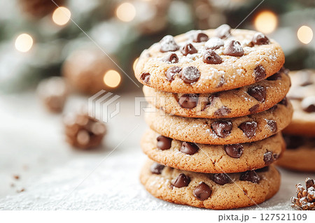 Festive arrangement of stacked chocolate chip cookies, ideal for marketing holiday baking products. Christmas dessert ideas. Great for seasonal campaigns Festive arrangement of stacked chocolate chip cookies, ideal for marketing holiday baking products. Christmas dessert ideas. Great for seasonal campaigns 127521109