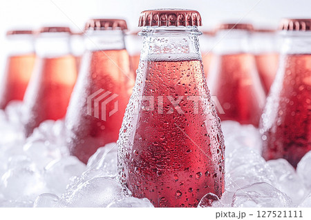 Summer aesthetics. Retro cooler filled with glass soda bottles and ice. Retro style. Close-up. Summer aesthetics. Retro cooler filled with glass soda bottles and ice. Retro style. Close-up. 127521111