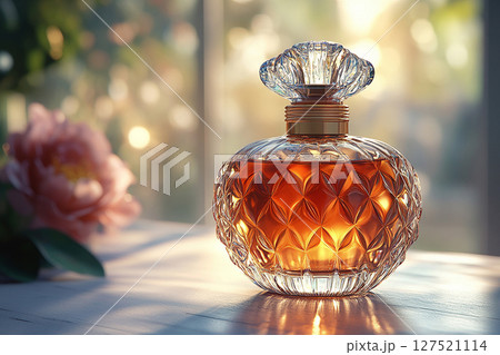 Perfume bottle with glossy on its glass surface, conveying elegance and sophistication. Ideal for high-end perfume advertisements. 127521114
