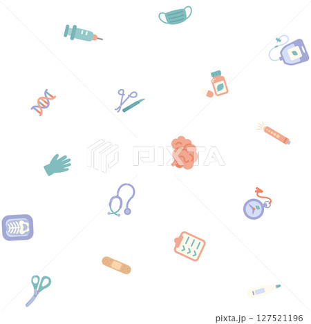 可愛くてシンプルな医療関係のアイコンのシームレスパターン／透明背景 127521196