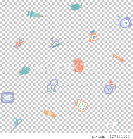 可愛くてシンプルな医療関係のアイコンのシームレスパターン／透明背景 127521196