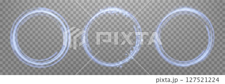 Glowing blue magic rings. Neon realistic energy flare halo rings. Abstract light effect on a dark transparent background. Vector illustration. 127521224
