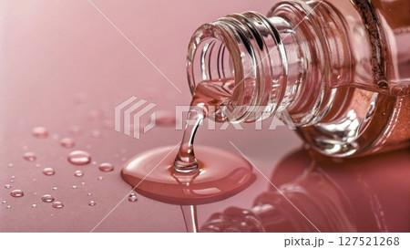 Bright pink nail polish spills from a glass bottle onto a glossy surface creating a vibrant splash effect 127521268