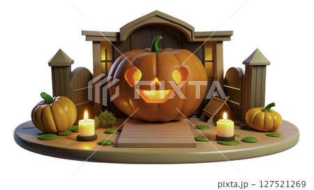 Creative Halloween pumpkin display with candles and decorations at dusk 127521269