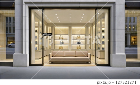 Elegant storefront showcases handbags in a modern boutique setting on a busy urban street during daylight 127521271