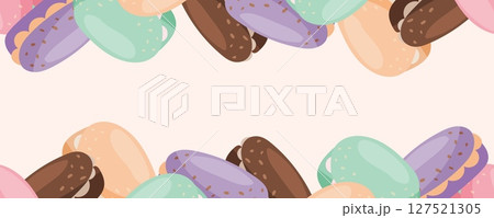 Horizontal seamless border with macarons on top and bottom Horizontal seamless border with macarons on top and bottom 127521305