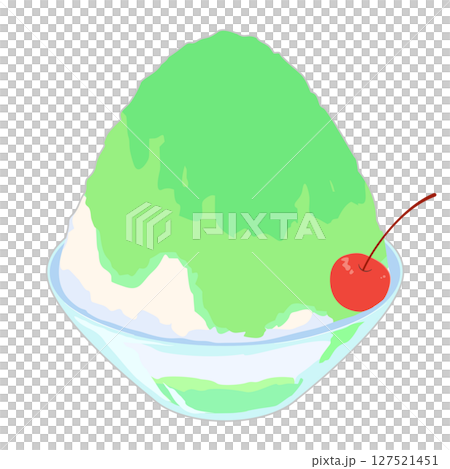 玻璃碗中盛有刨冰和蜜瓜糖漿的插圖（無線條、彩色） 127521451