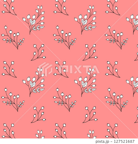 Seamless rosehip berry pattern with hand-drawn branches on a coral background. Perfect for fabric, wrapping paper, and eco packaging designs. 127521687