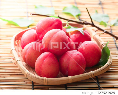 笊に盛り付けた早生スモモ 127521929