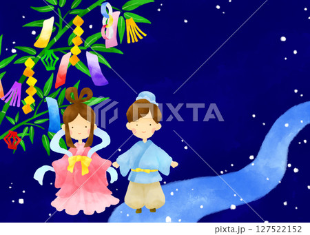 七夕の天の川と笹飾りの水彩イラスト 127522152