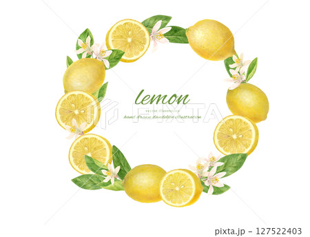 水彩で描いたフレッシュなレモンとレモンの花で飾ったフレーム 127522403