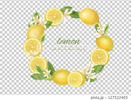 用新鮮檸檬和檸檬花裝飾的框架，用水彩畫 127522403