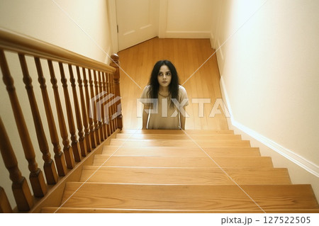 異界生成ホラー編、夏の怪談　階段下から見上げる女性 127522505
