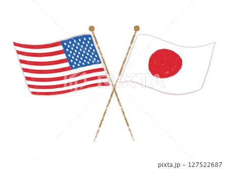 日本とアメリカの旗めく国旗 クレヨンタッチ 日本とアメリカの旗めく国旗 クレヨンタッチ 127522687