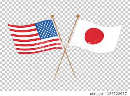 Japanese and American flags fluttering in the wind, crayon touch 127522687