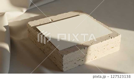 Empty square white card mockup against a textured porous stone block with draped fabric. Blank paper display for product presentation. 127523138