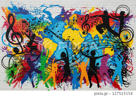 音楽融合をテーマにしたグラフィティアート、DJと世界地図 127523158