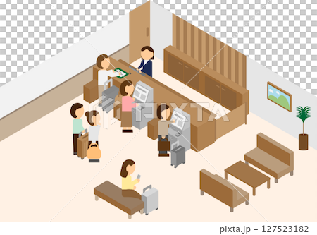Isometric hotel front desk check-in machine image 127523182