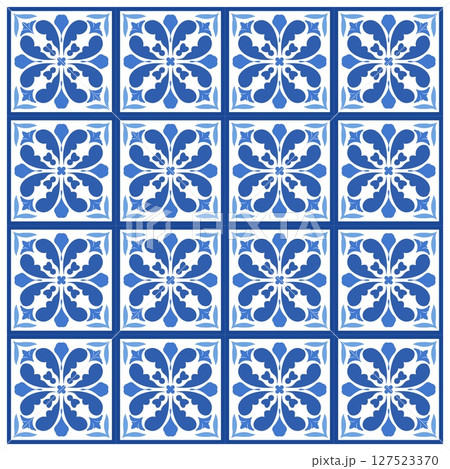 Mediterranean floral seamless pattern of blue red and yellow tiles. Ethnic mosaic design of Portuguese, Italian, Spanish decorative motifs. Ornament for home textile or ceramic. Vector illustration 127523370