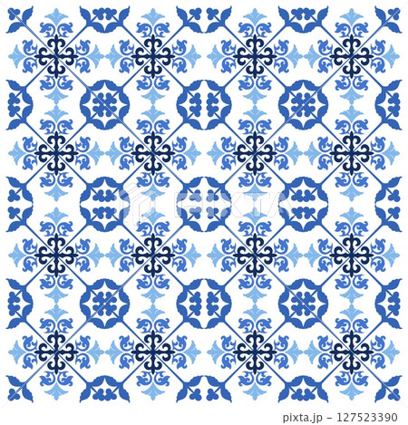 Mediterranean floral seamless pattern of blue red and yellow tiles. Ethnic mosaic design of Portuguese, Italian, Spanish decorative motifs. Ornament for home textile or ceramic. Vector illustration Mediterranean floral seamless pattern of blue red and yellow tiles. Ethnic mosaic design of Portuguese, Italian, Spanish decorative motifs. Ornament for home textile or ceramic. Vector illustration 127523390
