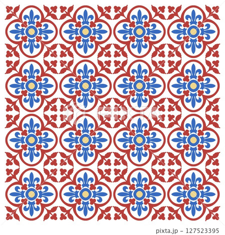 Mediterranean floral seamless pattern of blue red and yellow tiles. Ethnic mosaic design of Portuguese, Italian, Spanish decorative motifs. Ornament for home textile or ceramic. Vector illustration 127523395