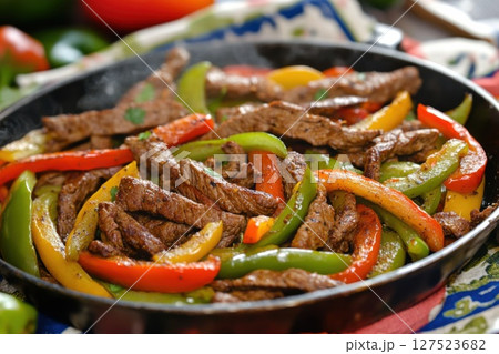 A colorful platter of sizzling beef fajitas with vibrant bell peppers, served in a skillet. 127523682