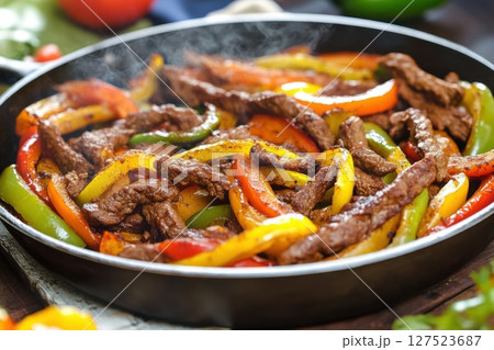 A colorful platter of sizzling beef fajitas with vibrant bell peppers, served in a skillet. A colorful platter of sizzling beef fajitas with vibrant bell peppers, served in a skillet. 127523687