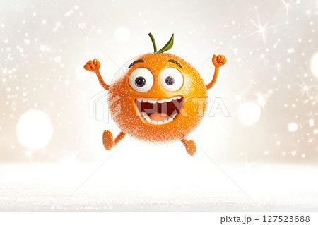 Cheerful animated orange character jumping with joy on a sparkling festive background. 127523688