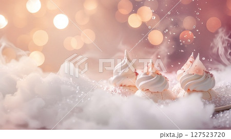 Fantasy themed meringue dessert with sparkles and soft lighting, creating a dreamy cloudlike atmosphere on a pastel background.  Fantasy themed meringue dessert with sparkles and soft lighting, creating a dreamy cloudlike atmosphere on a pastel background.  127523720