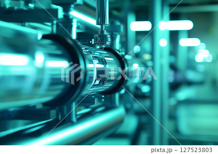 近未来的な産業用パイプラインと制御バルブのクローズアップ 近未来的な産業用パイプラインと制御バルブのクローズアップ 127523803