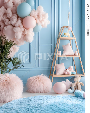 Kids room background for zoom calls. Creative Scandinavian interior. Minimalistic beige design Kids room background for zoom calls. Creative Scandinavian interior. Minimalistic beige design 127523852